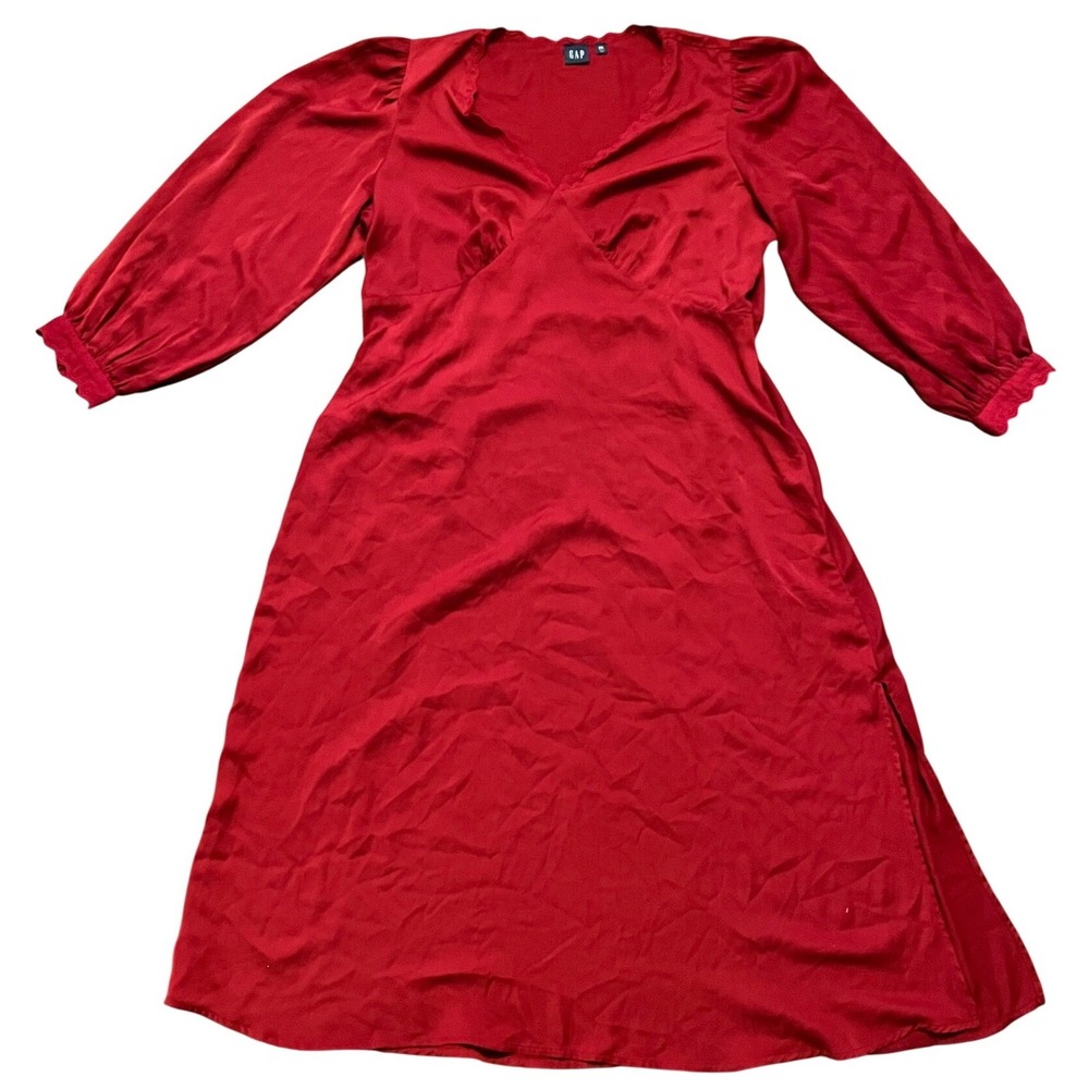 Gap Midi Dress Womens Red Eyelet Trim Puff Sleeve Side Slit XXL